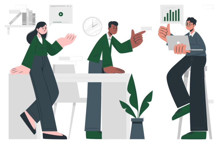 Here are the SEO and accessibility tags for the "Studio Model" / Collaboration image used in your new post. Alt Text: Illustration of three professionals collaborating on a project launch, representing the Bledsoe Labs studio model of combining technical service with product development.