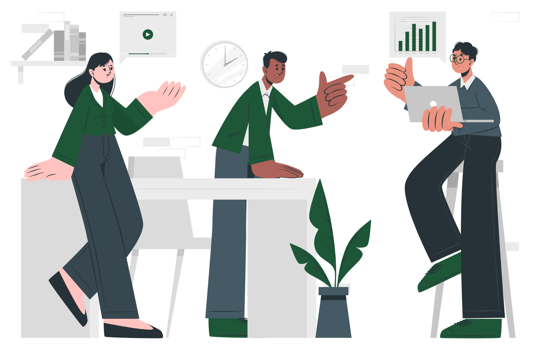 Here are the SEO and accessibility tags for the "Studio Model" / Collaboration image used in your new post. Alt Text: Illustration of three professionals collaborating on a project launch, representing the Bledsoe Labs studio model of combining technical service with product development.