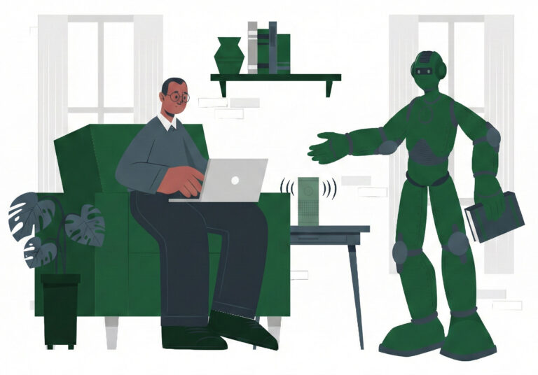 Illustration of a user working on a laptop with a dedicated AI robot assistant, representing our approach to building responsible, privacy-first tools that support human work without exposing data.