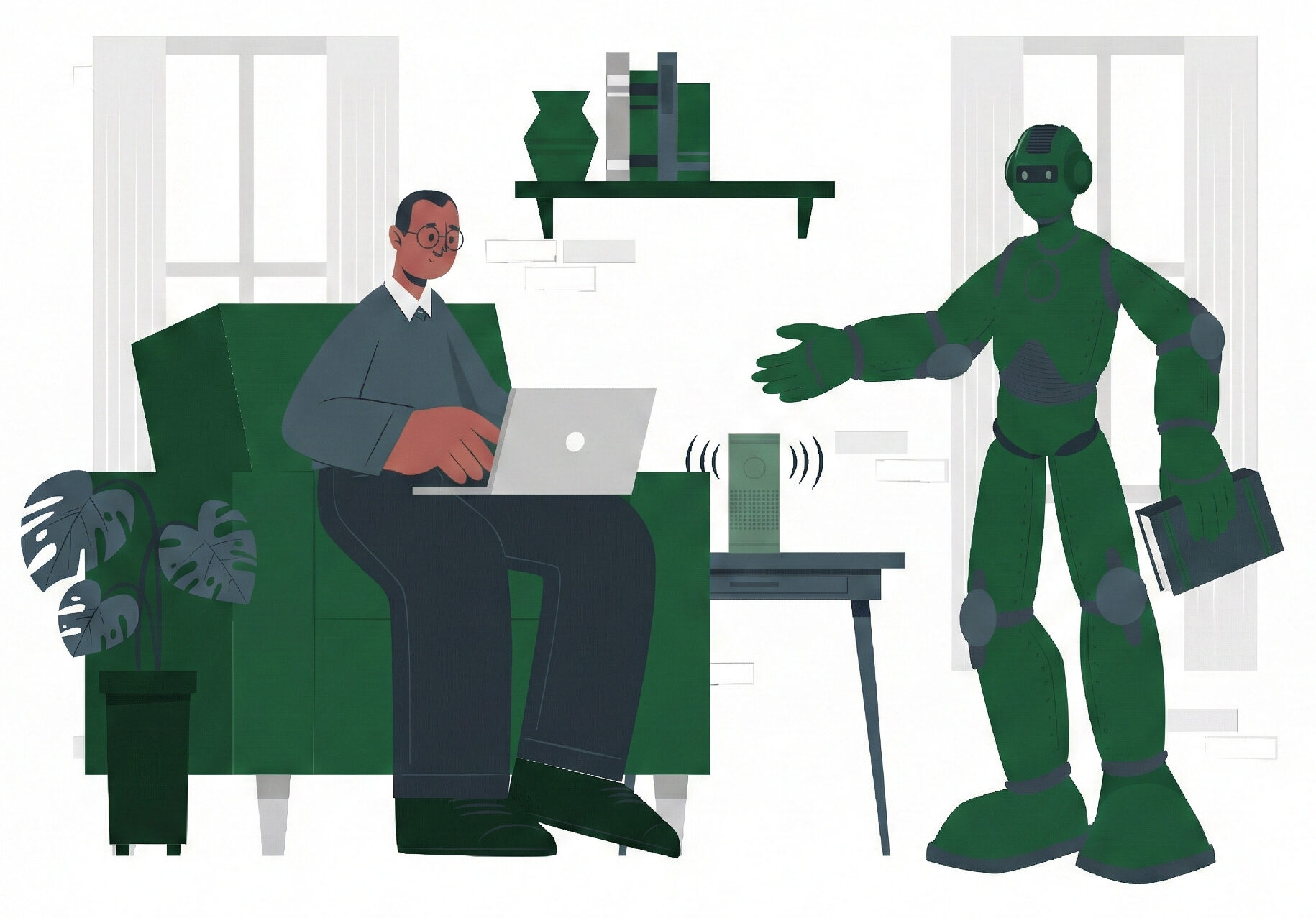Illustration of a user working on a laptop with a dedicated AI robot assistant, representing our approach to building responsible, privacy-first tools that support human work without exposing data.