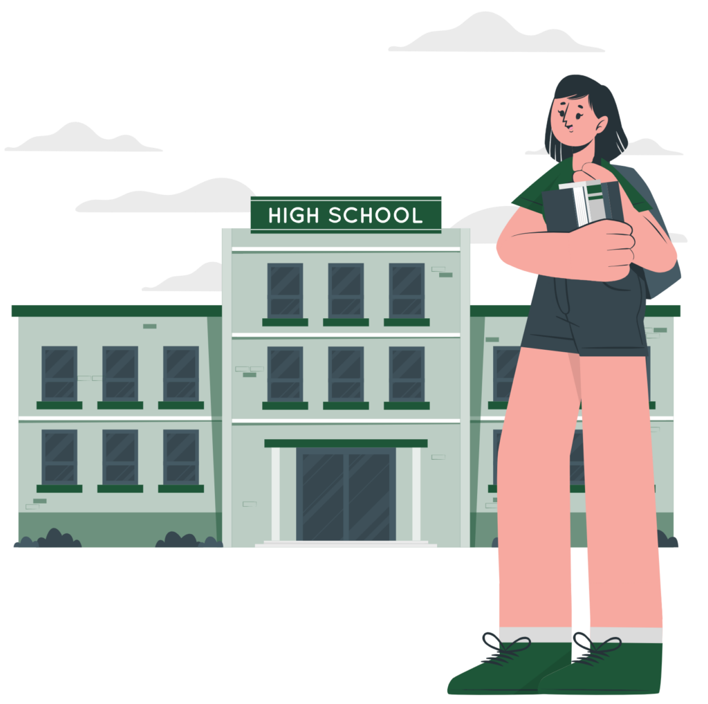 Illustration of a student standing before a high school building, representing Certo Schools' comprehensive campus safety and visitor management platform.