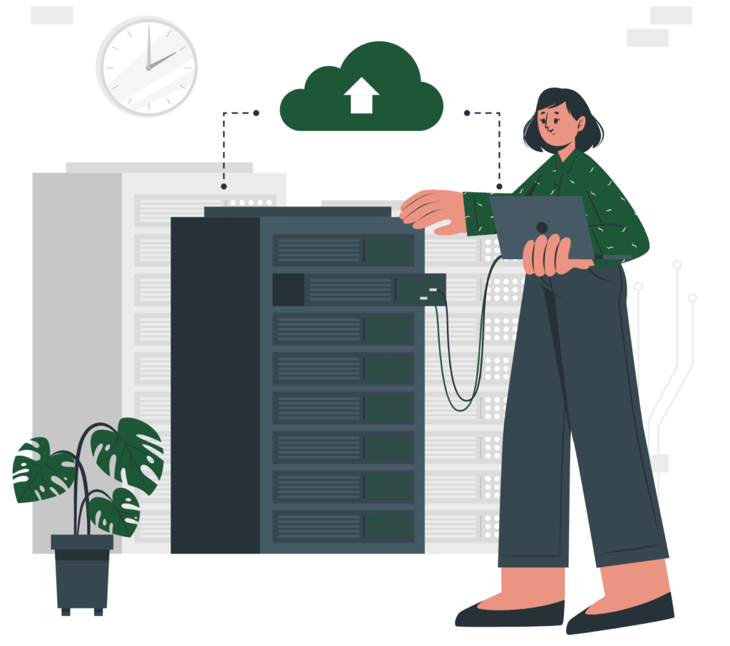 Illustration of an IT professional managing server hardware and cloud connections, representing Carl's Consulting Agency's focus on stability and infrastructure.