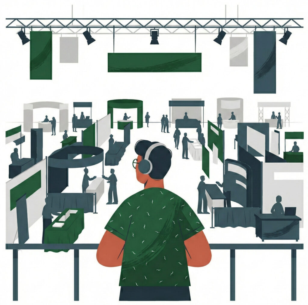 Illustration of an observer surveying the crowded FETC expo hall, representing our critical assessment of the current school safety software market.