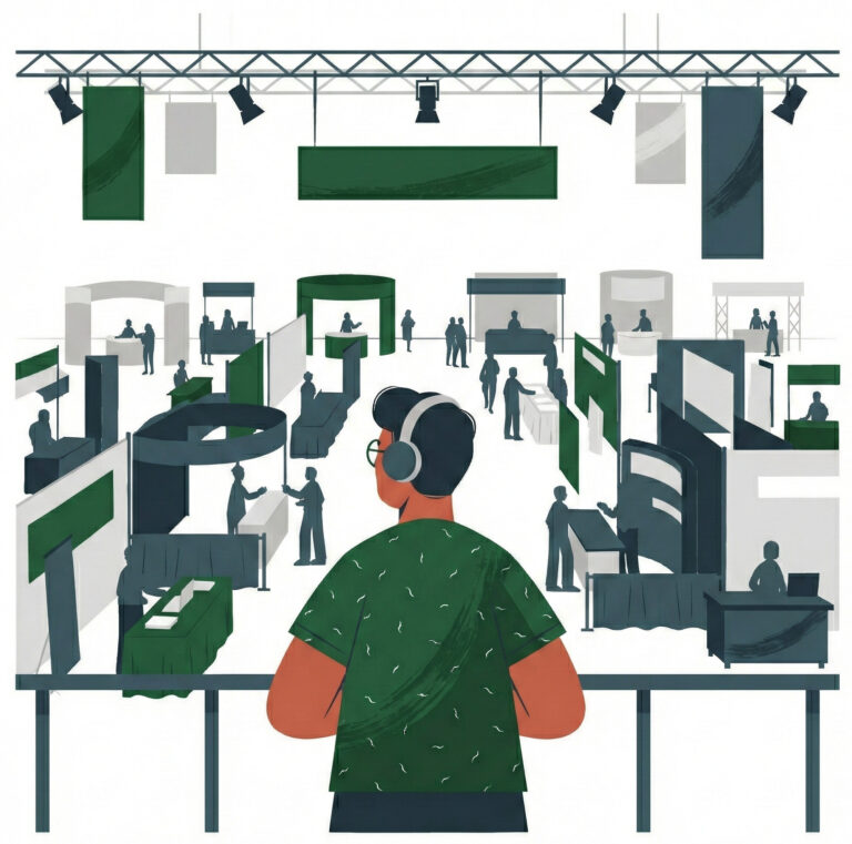 Illustration of an observer surveying the crowded FETC expo hall, representing our critical assessment of the current school safety software market.