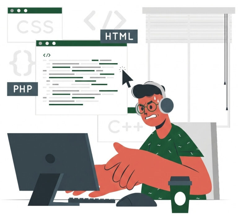 Illustration of a stressed developer struggling with broken code, representing the instability and chaos that the "move fast and break things" mentality creates for users.